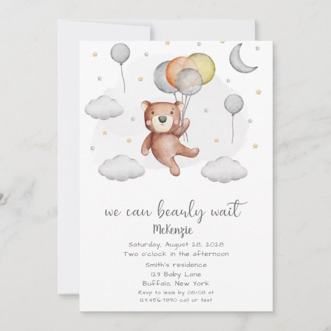 Cute Bear We Can Bearly Wait Boy Baby Shower Invitation (Front)