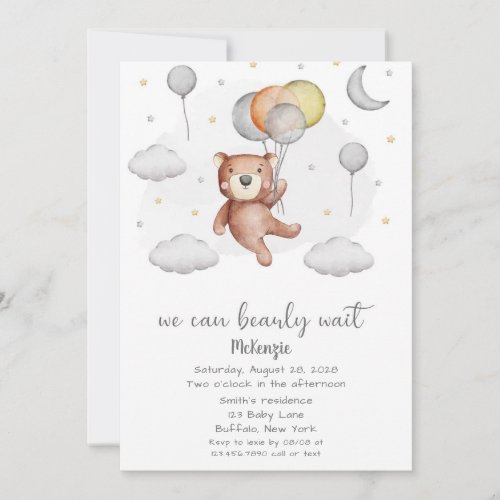 Cute Bear We Can Bearly Wait Boy Baby Shower Invitation