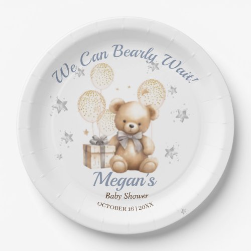 Cute Bear We Can Bearly Wait Boy Baby Shower  Paper Plates