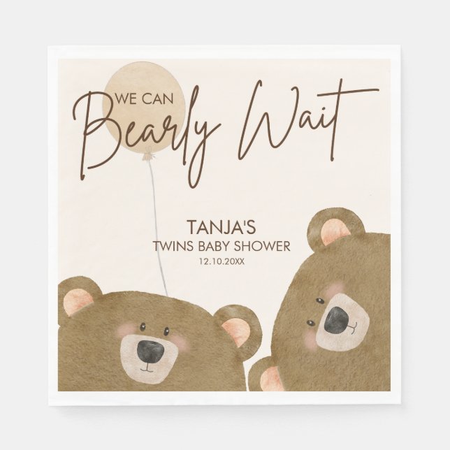 Cute Bear We Can Bearly Wait Gender Baby Shower  Napkins (Front)