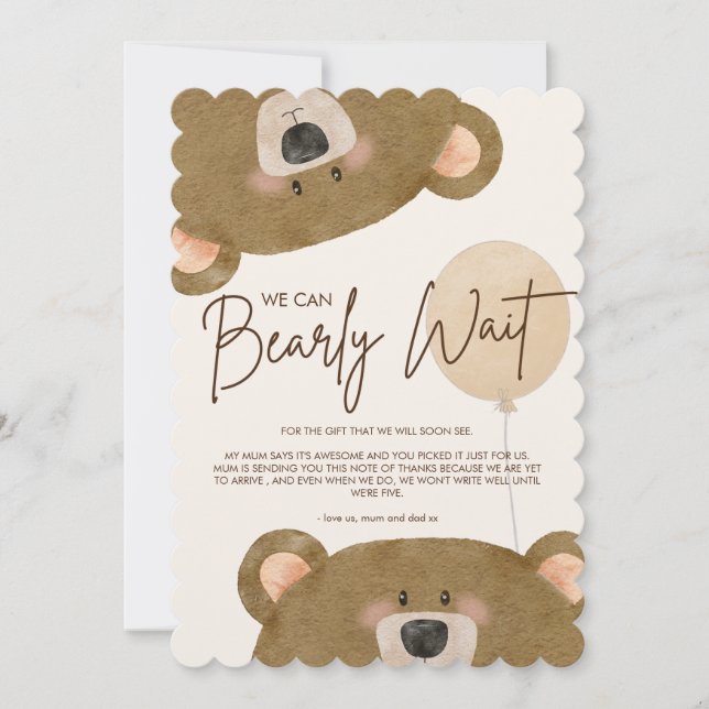 Cute Bear We Can Bearly Wait Gender Baby Shower  Thank You Card (Front)