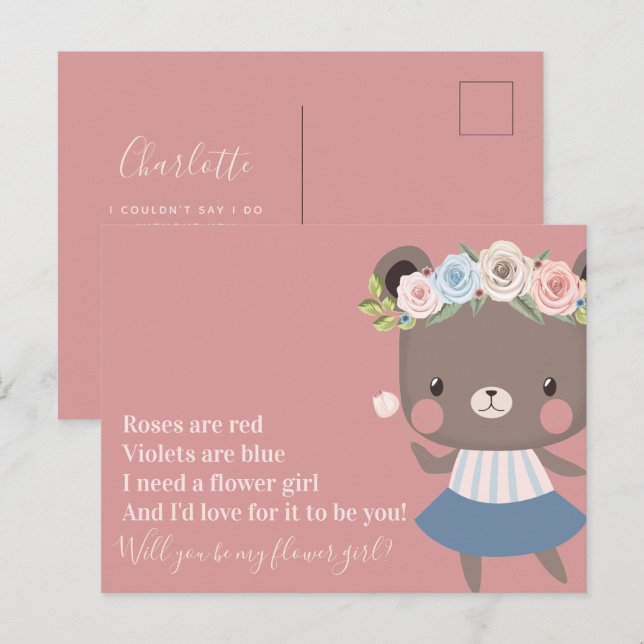 Cute Bear Wedding Flower Girl Proposal Announcement Postcard (Front/Back)