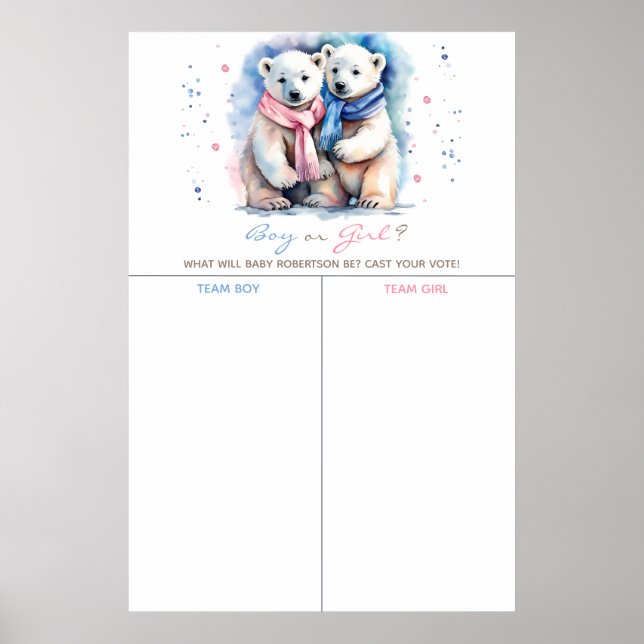 Cute Bear Winter Gender Reveal Cast Your Vote Game Poster (Front)