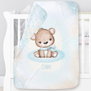 Cute Bear Winter Snowflake Newborn Boy Name Blue Baby Blanket