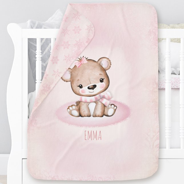 Cute Bear Winter Snowflake Newborn Girl Name Pink Baby Blanket (Cute Bear Winter Snowflake Newborn Girl Name Pink Baby Blanket)