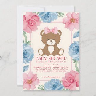 Cute bear with a pink bow in roses baby shower invitation