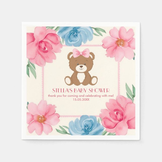 Cute bear with a pink bow in roses  napkins (Front)