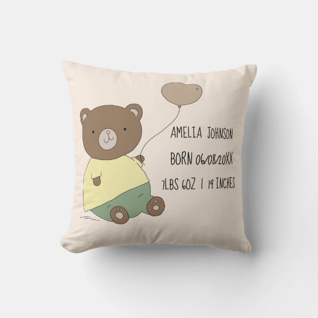 Cute Bear with Balloon Baby Birth Stats Keepsake Throw Pillow (Front)