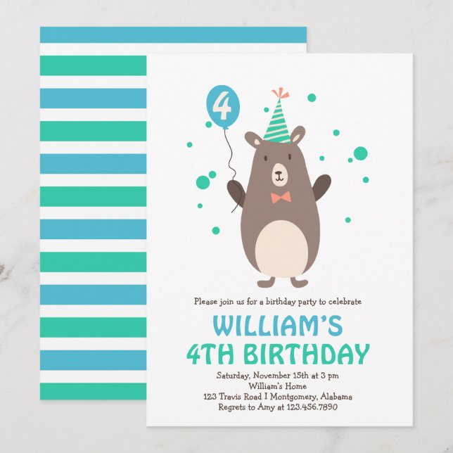Cute Bear with Balloon Birthday Party Invitation (Front/Back)