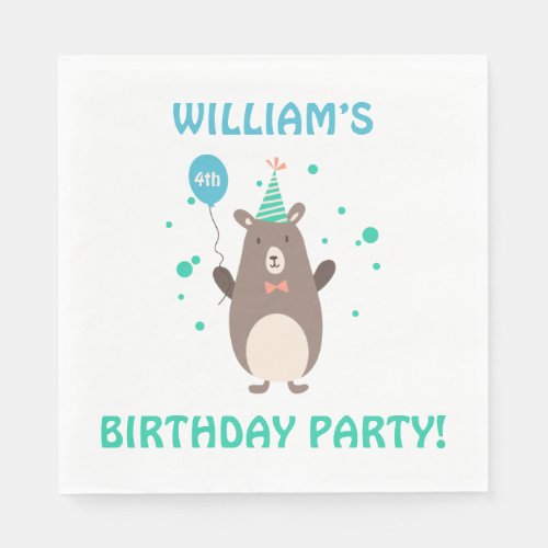 Cute Bear with Balloon Birthday Party Napkins