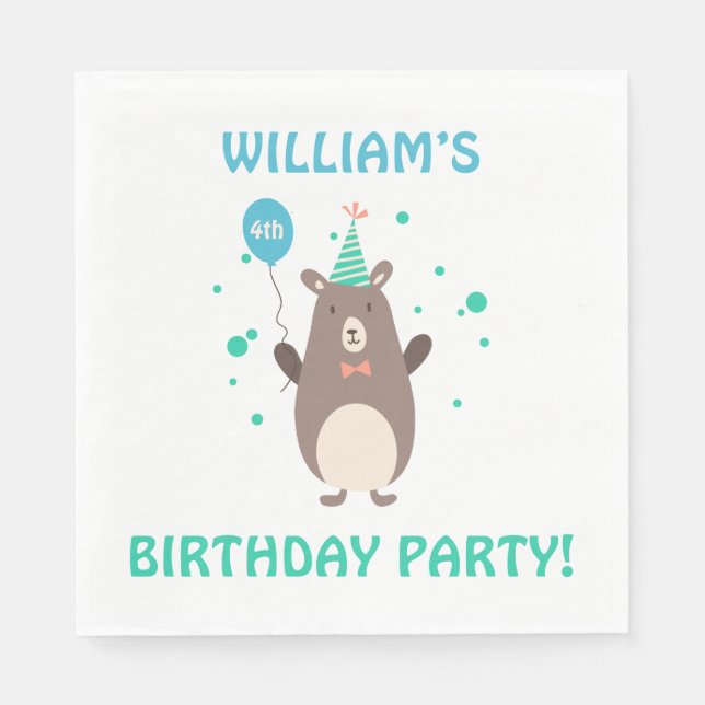 Cute Bear with Balloon Birthday Party Napkins (Front)
