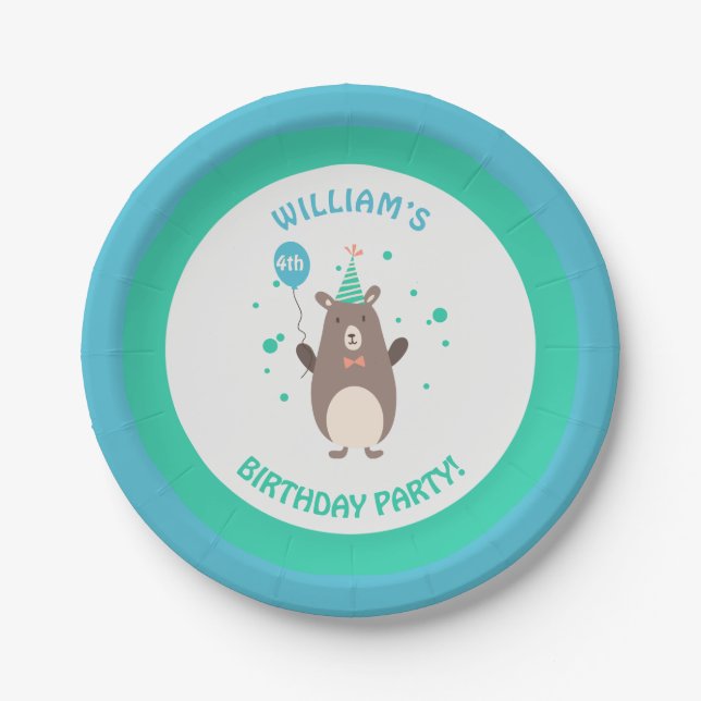 Cute Bear with Balloon Birthday Party Paper Plates (Front)