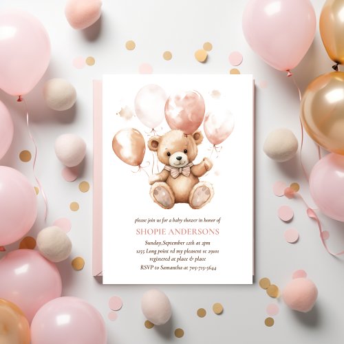 Cute Bear With Balloons  Baby Pink  Invitation