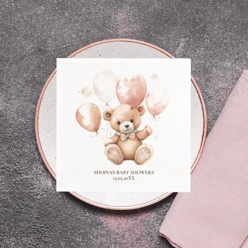 Cute Bear With Balloons  Baby Pink  Napkins