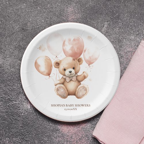 Cute Bear With Balloons  Baby Pink  Paper Plates