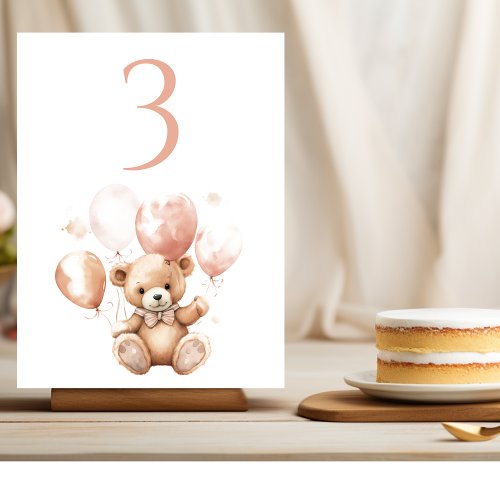 Cute Bear With Balloons  Baby Pink  Table Number
