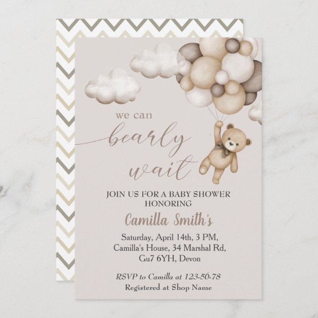 Cute Bear With Balloons Baby Shower Invitation (Front/Back)