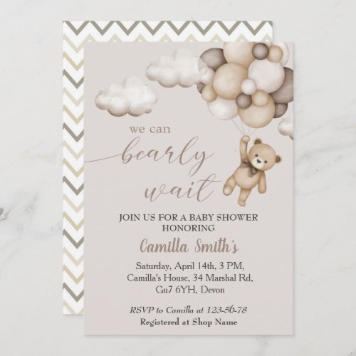 Cute Bear With Balloons Baby Shower Invitation