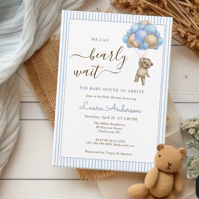 Cute Bear with Balloons Blue Boy Baby shower Invitation (Creator Uploaded)