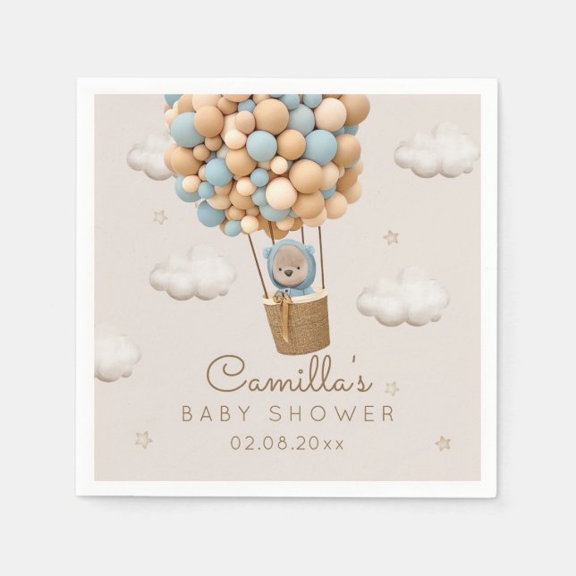 Cute Bear With Balloons Boy Baby Shower  Napkins (Front)