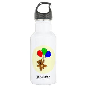 Cute bear with balloons cartoon name kids water bottle