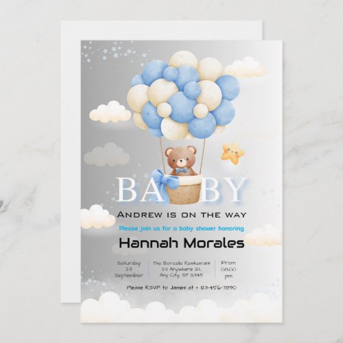 Cute Bear with Balloons Dual Shade Baby Shower Invitation