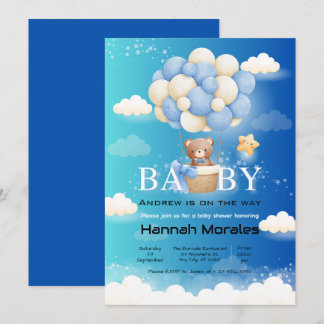Cute Bear with Balloons Dual Shade Baby Shower Invitation