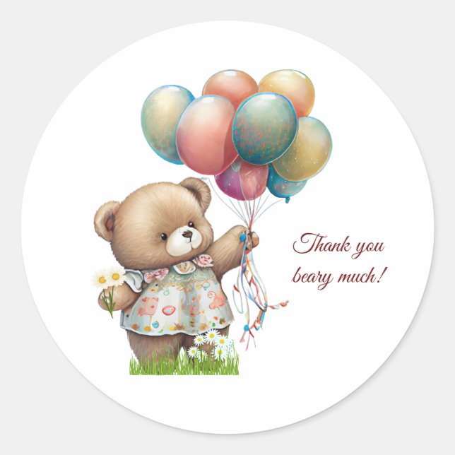 Cute Bear with Balloons Personalized Classic Round Sticker (Front)