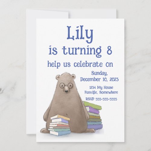 Cute Bear With Books Birthday Personalizable Invitation