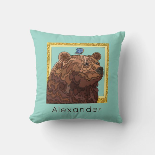 Cute bear with butterfly, kid's personalized throw pillow (Front)