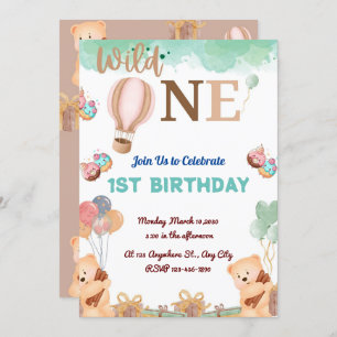 cute bear with colorful balloon for 1st birthday invitation