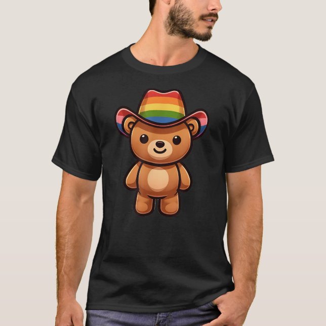 Cute Bear With Cowboy Hat Pride Rainbow T-Shirt (Front)