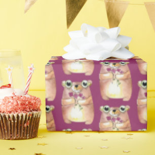 cute bear with flower bouquet wrapping paper