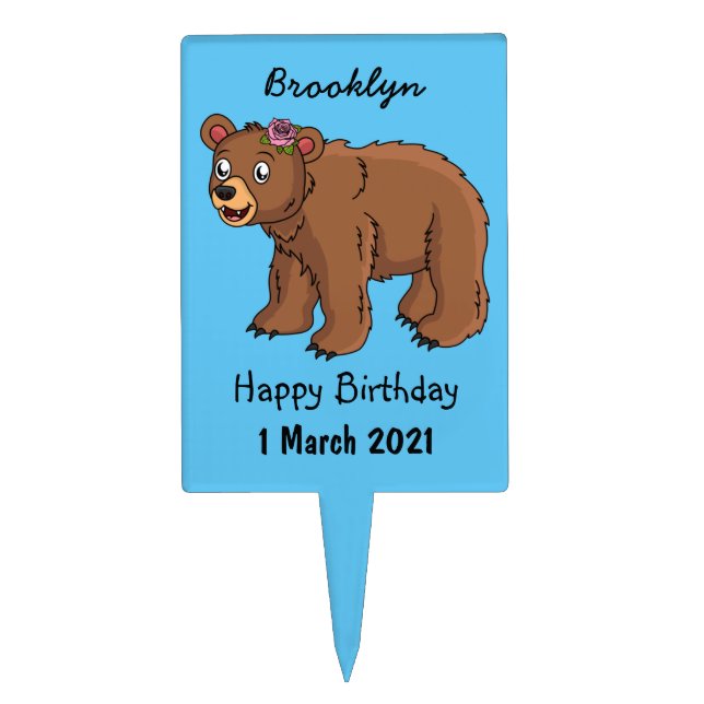 Cute bear with flower cartoon illustration cake topper (Front)