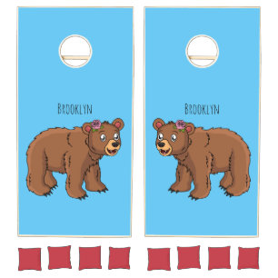 Cute bear with flower cartoon illustration cornhole set