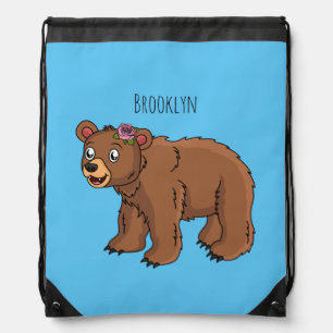 Cute bear with flower cartoon illustration drawstring bag