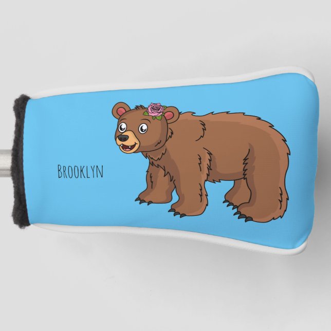 Cute bear with flower cartoon illustration golf head cover (Front)