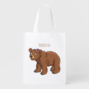 Cute bear with flower cartoon illustration grocery bag