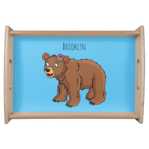 Cute bear with flower cartoon illustration serving tray