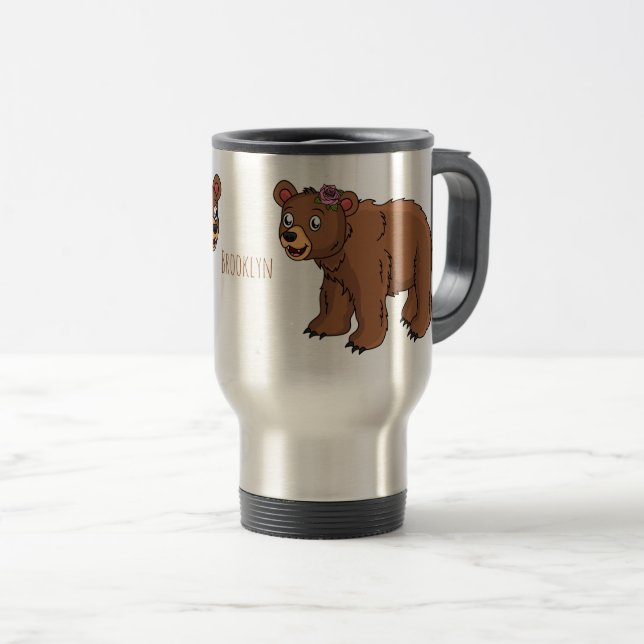Cute bear with flower cartoon illustration travel mug (Front Right)