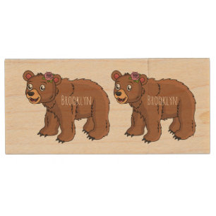 Cute bear with flower cartoon illustration  wood flash drive