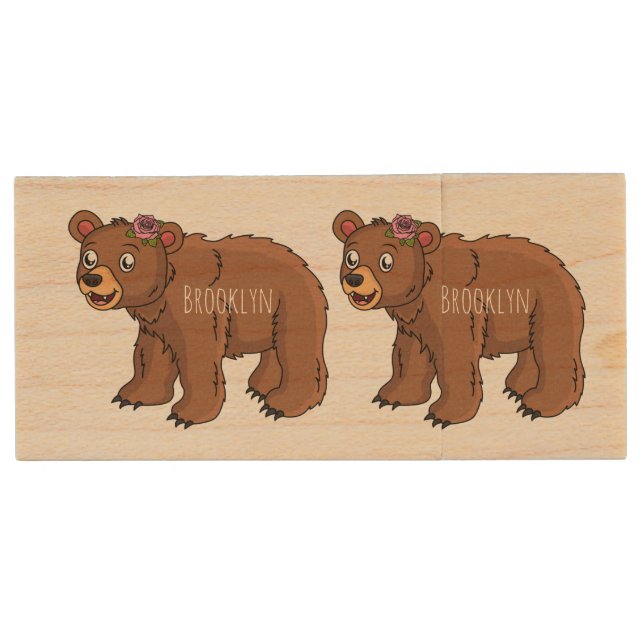 Cute bear with flower cartoon illustration  wood flash drive (Front)