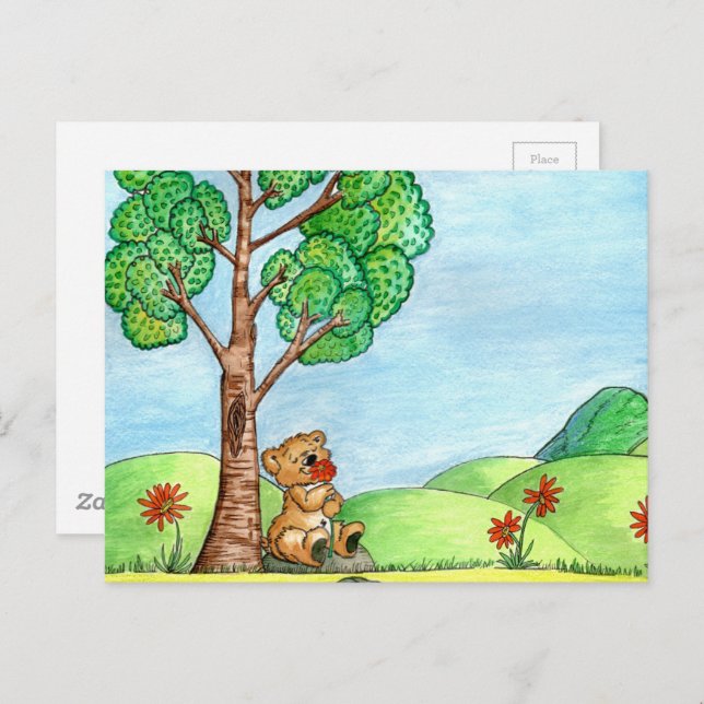 Cute Bear with Flowers Postcard (Front/Back)