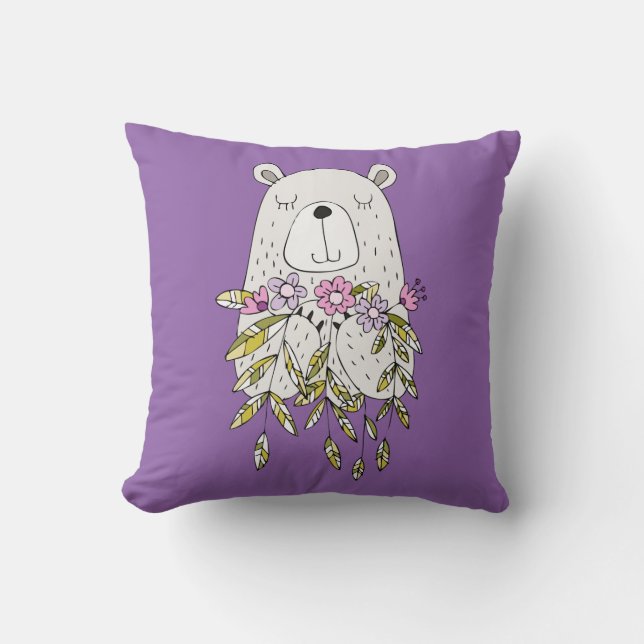 Cute Bear With Flowers Throw Pillow (Front)