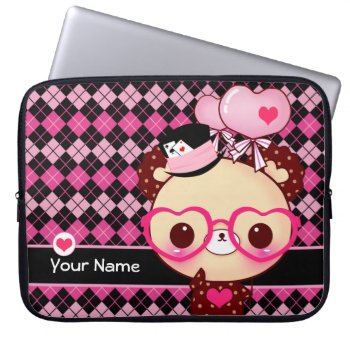 Cute Bear With Glasses On Black And Pink Argyle Laptop Sleeve by Chibibunny at Zazzle