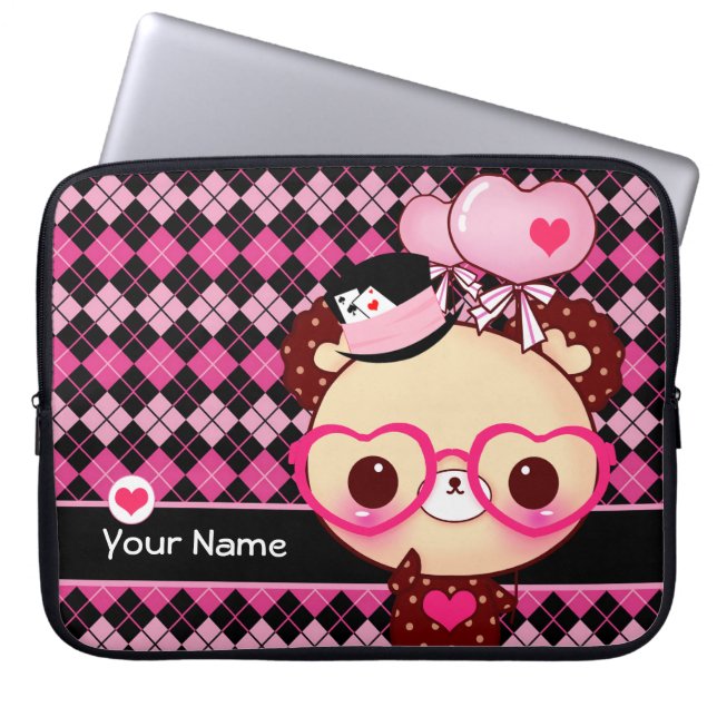 Cute bear with glasses on black and pink argyle laptop sleeve (Front)