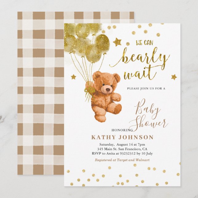Cute Bear with Gold Balloon Baby Shower Invitation (Front/Back)