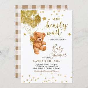 Cute Bear with Gold Balloon Baby Shower Invitation