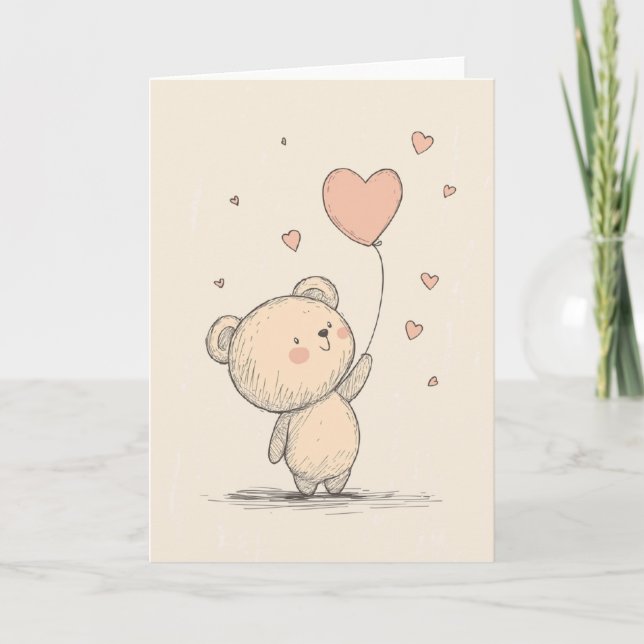 Cute Bear with Heart Balloon Greeting Card (Front)