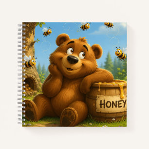Cute Bear with Honey Barrel & Happy Bees Notebook